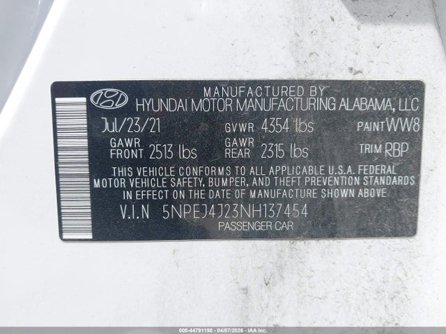 2022 Hyundai Sonata Sel Plus მანქანა იყიდება აუქციონზე, vin: 5NPEJ4J23NH137454, აუქციონის ნომერი: 44791190