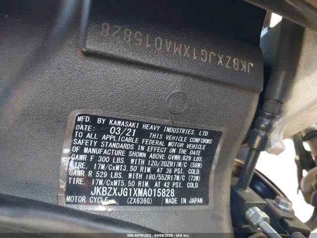 Aukcja sprzedaży 2021 Kawasaki Zx636 K, vin: JKBZXJG1XMA015828, numer aukcji: 44791203