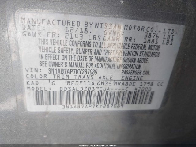 Продажа на аукционе авто 2019 Nissan Sentra Sv, vin: 3N1AB7AP7KY287089, номер лота: 44791219