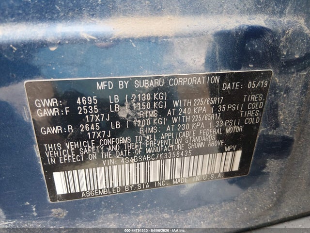 Aukcja sprzedaży 2019 Subaru Outback 2.5i, vin: 4S4BSABC7K3358435, numer aukcji: 44791230