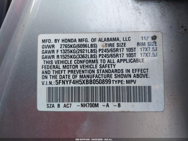 Продажа на аукционе авто 2011 Honda Pilot Ex-l, vin: 5FNYF4H5XBB050899, номер лота: 44791245