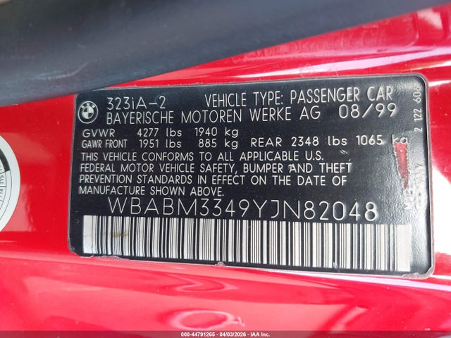 Продажа на аукционе авто 2000 Bmw 323ci, vin: WBABM3349YJN82048, номер лота: 44791265