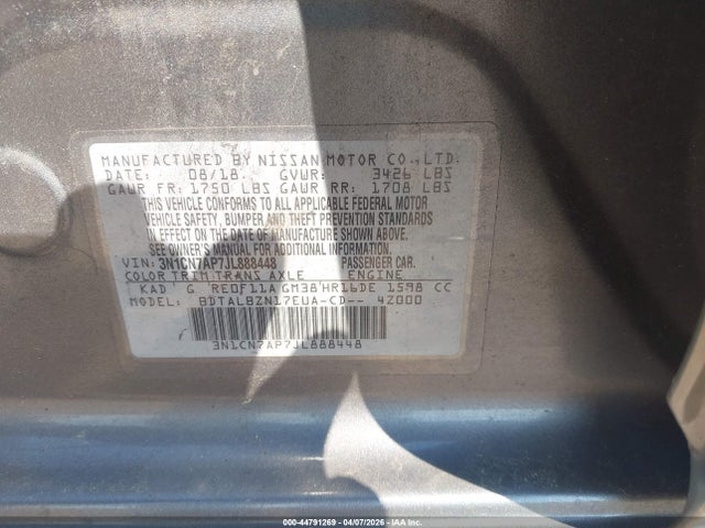 Aukcja sprzedaży 2018 Nissan Versa 1.6 Sv, vin: 3N1CN7AP7JL888448, numer aukcji: 44791269