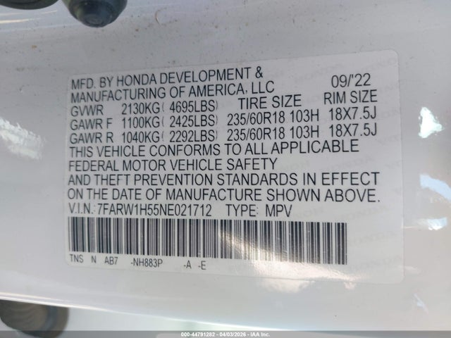 44791282 :رقم المزاد ، 7FARW1H55NE021712 vin ، 2022 Honda Cr-v 2wd Ex مزاد بيع