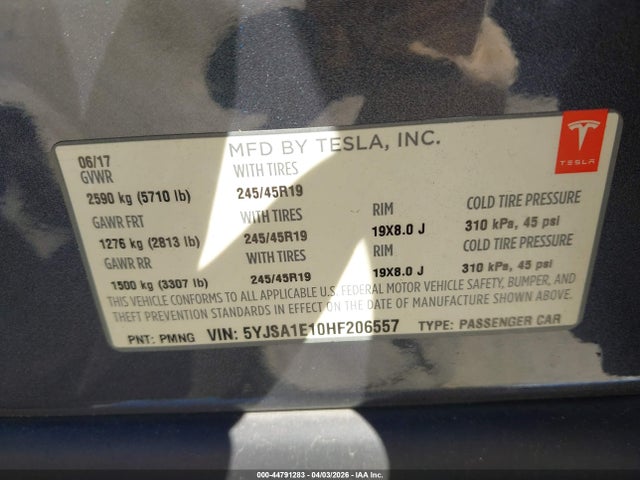 Aukcja sprzedaży 2017 Tesla Model S 60/75, vin: 5YJSA1E10HF206557, numer aukcji: 44791283