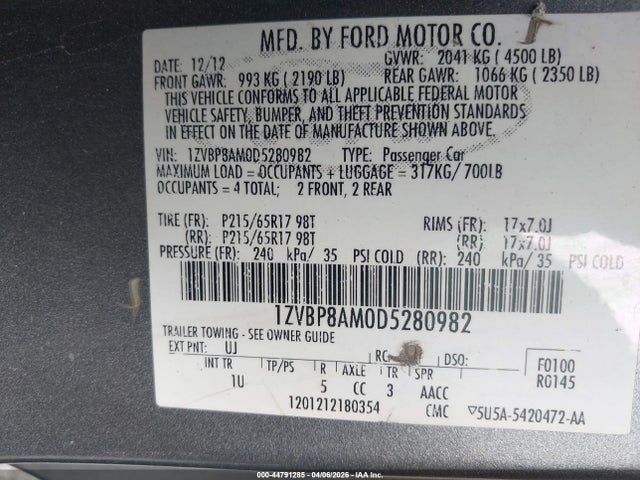 Aukcja sprzedaży 2013 Ford Mustang V6, vin: 1ZVBP8AM0D5280982, numer aukcji: 44791285