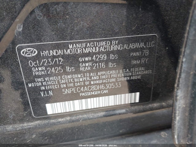 Продажа на аукционе авто 2013 Hyundai Sonata Se, vin: 5NPEC4AC8DH630533, номер лота: 44791288