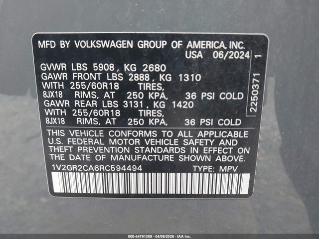 Продаж на аукціоні авто 2024 Volkswagen Atlas 2.0t Peak Edition Sel, vin: 1V2GR2CA6RC594494, номер лоту: 44791289