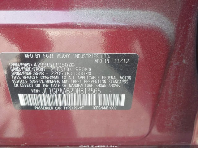 2013 Subaru Impreza მანქანა იყიდება აუქციონზე, vin: JS1GPAA62DH813565, აუქციონის ნომერი: 44791293