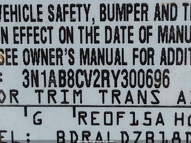 3N1AB8CV2RY300696 Nissan Sentra Sv Xtronic Cvt