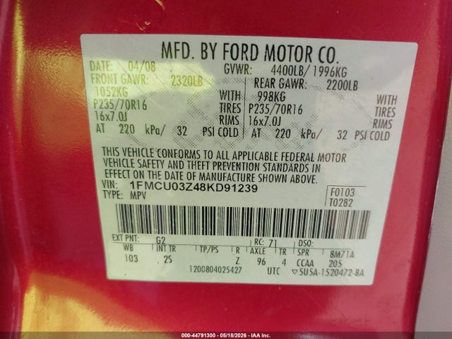 Продажа на аукционе авто 2008 Ford Escape Xlt, vin: 1FMCU03Z48KD91239, номер лота: 44791300