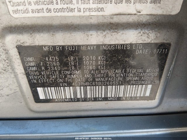 Aukcja sprzedaży 2011 Subaru Legacy 2.5i Prem Awp, vin: 4S3BMBC65B3260551, numer aukcji: 44791301