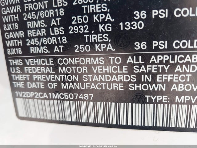 44791310 :رقم المزاد ، 1V2DP2CA1MC507487 vin ، 2021 Volkswagen Atlas 2.0t Se مزاد بيع