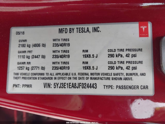 Продаж на аукціоні авто 2018 Tesla Model 3 Long Range/mid Range, vin: 5YJ3E1EA8JF024443, номер лоту: 44791322