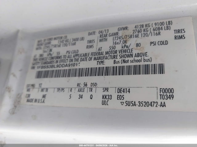 Продажа на аукционе авто 2013 Ford E-350 Super Duty Xlt, vin: 1FBSS3BL9DDA91011, номер лота: 44791331