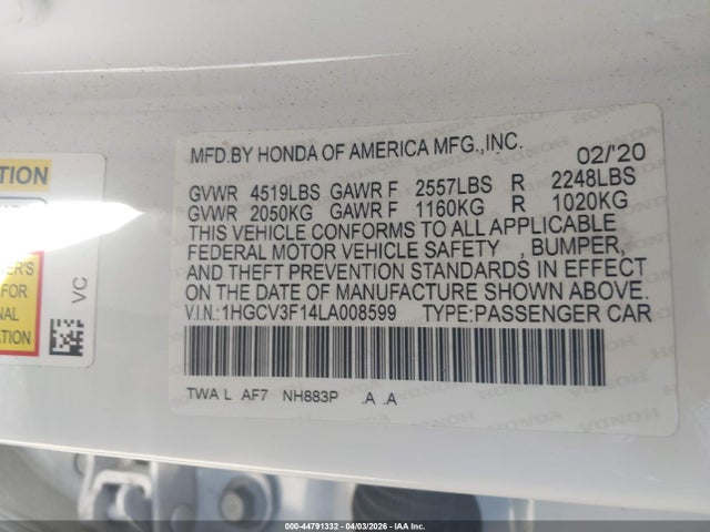 2020 Honda Accord Hybrid მანქანა იყიდება აუქციონზე, vin: 1HGCV3F14LA008599, აუქციონის ნომერი: 44791332