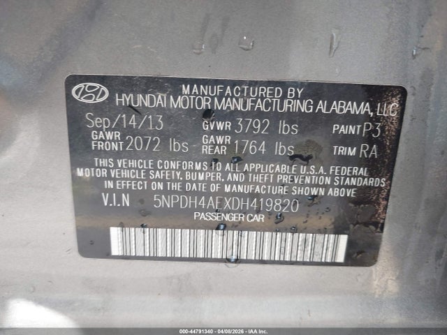 Продаж на аукціоні авто 2013 Hyundai Elantra Gls, vin: 5NPDH4AEXDH419820, номер лоту: 44791340
