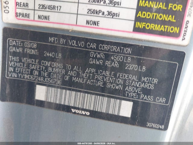 Aukcja sprzedaży 2008 Volvo C70 T5, vin: YV1MC67248J056736, numer aukcji: 44791350