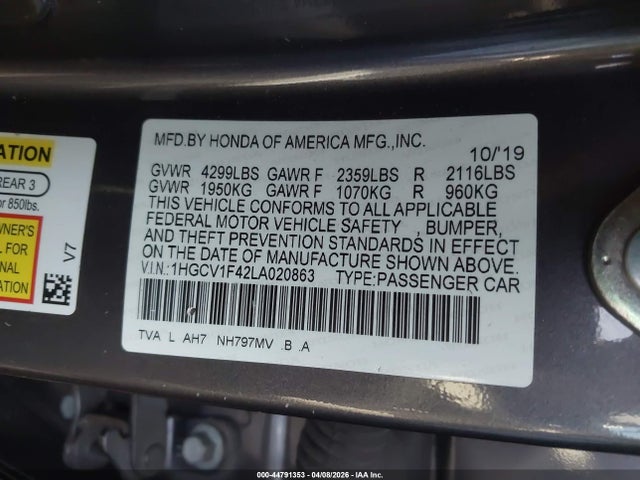Aukcja sprzedaży 2020 Honda Accord Ex, vin: 1HGCV1F42LA020863, numer aukcji: 44791353