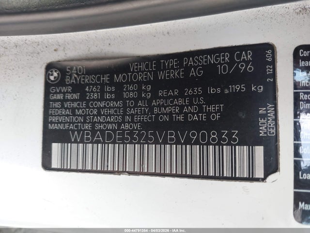 44791354 :رقم المزاد ، WBADE5325VBV90833 vin ، 1997 Bmw 540i مزاد بيع