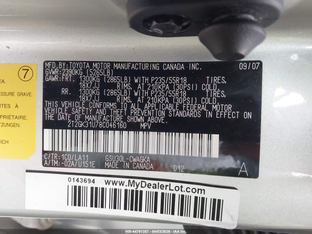 44791357 :رقم المزاد ، 2T2GK31U78C046160 vin ، 2008 Lexus Rx 350 مزاد بيع