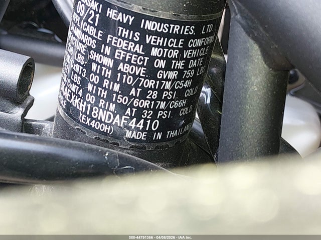 2022 Kawasaki Ex400 მანქანა იყიდება აუქციონზე, vin: JKAEXKH18NDAF4410, აუქციონის ნომერი: 44791366
