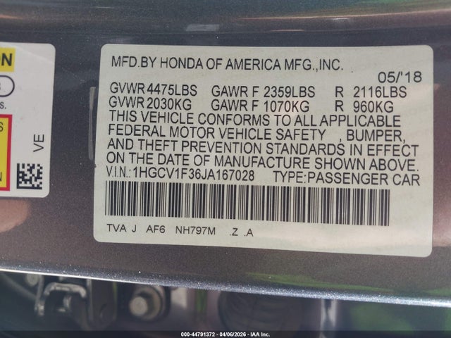 1HGCV1F36JA167028 Honda Accord Sport