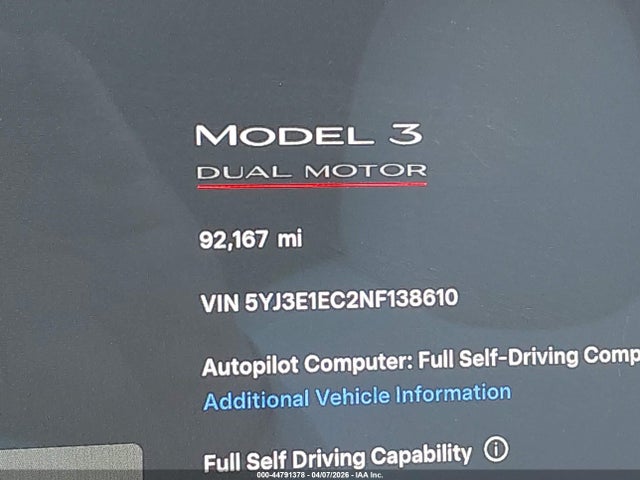 44791378 :رقم المزاد ، 5YJ3E1EC2NF138610 vin ، 2022 Tesla Model 3 Performance Dual Motor All-wheel Drive مزاد بيع
