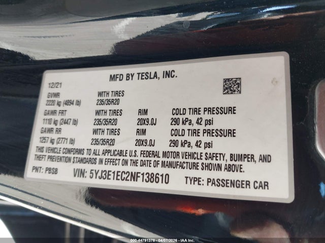 44791378 :رقم المزاد ، 5YJ3E1EC2NF138610 vin ، 2022 Tesla Model 3 Performance Dual Motor All-wheel Drive مزاد بيع