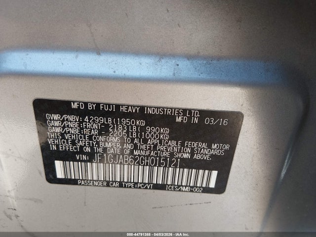 Auction sale of the 2016 Subaru Impreza 2.0i Premium, vin: JF1GJAB62GH015121, lot number: 44791388