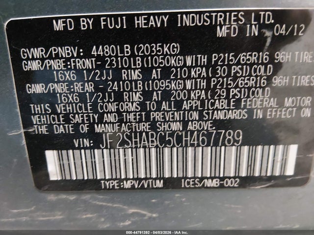 Продаж на аукціоні авто 2012 Subaru Forester 2.5x, vin: JF2SHABC5CH467789, номер лоту: 44791392