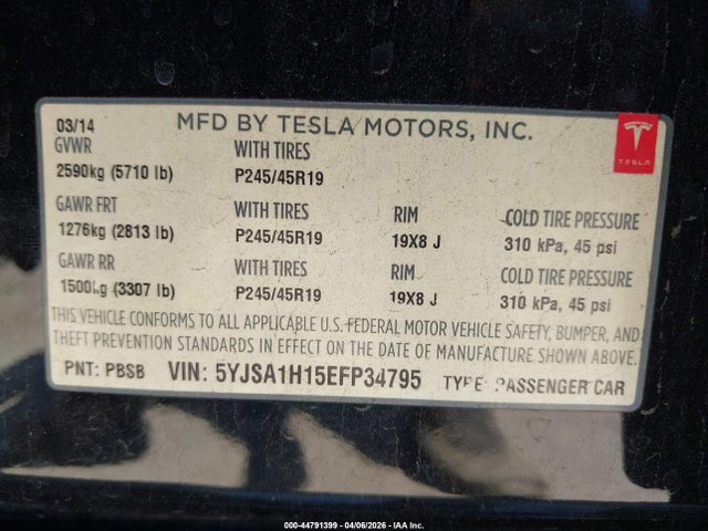 44791399 :رقم المزاد ، 5YJSA1H15EFP34795 vin ، 2014 Tesla Model S P85 مزاد بيع