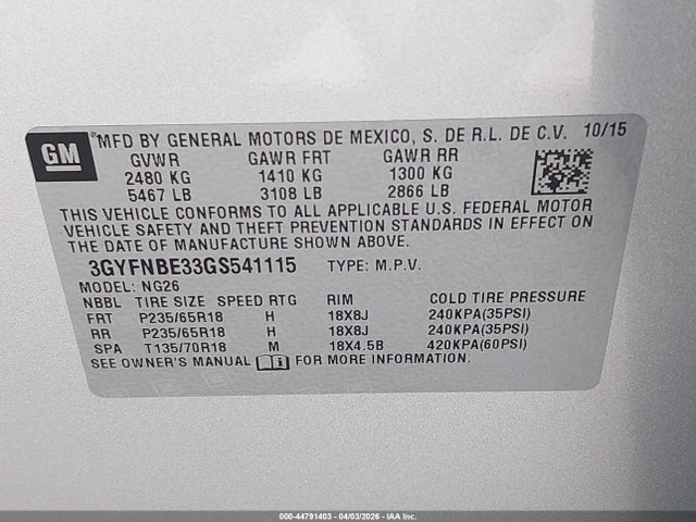3GYFNBE33GS541115 Cadillac Srx Luxury Collection