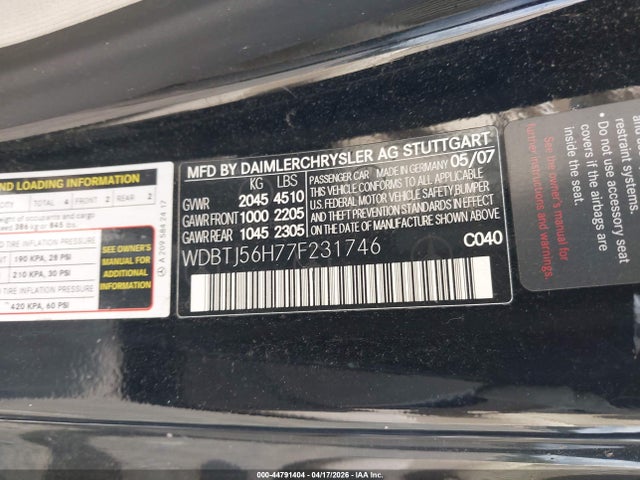 Aukcja sprzedaży 2007 Mercedes-benz Clk 350, vin: WDBTJ56H77F231746, numer aukcji: 44791404