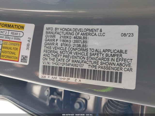 1HGCY2F54PA062107 Honda Accord Hybrid Sport