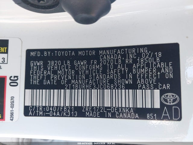 2018 TOYOTA COROLLA 2T1BURHE3JC068236 Photo 8