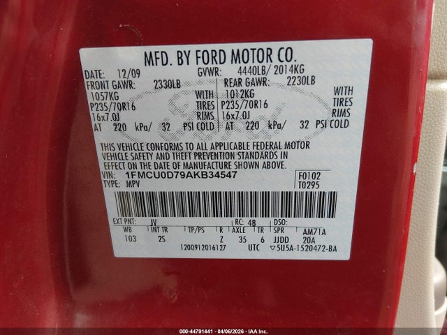 44791441 :رقم المزاد ، 1FMCU0D79AKB34547 vin ، 2010 Ford Escape Xlt مزاد بيع