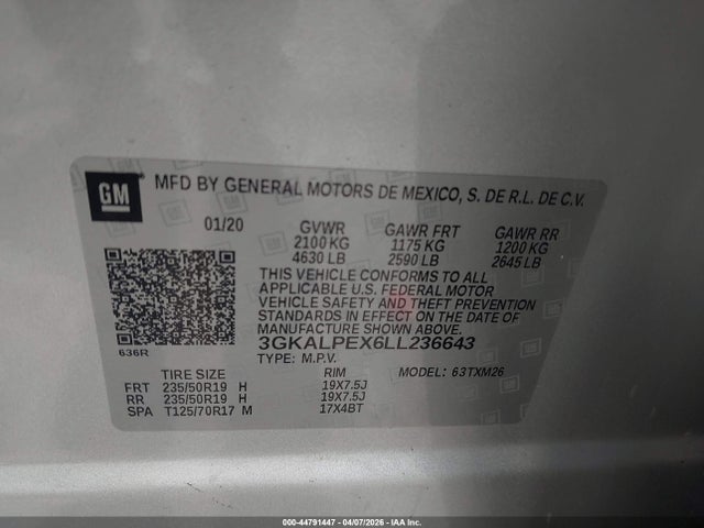 44791447 :رقم المزاد ، 3GKALPEX6LL236643 vin ، 2020 Gmc Terrain Fwd Slt مزاد بيع