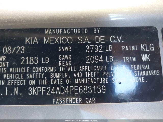 44791448 :رقم المزاد ، 3KPF24AD4PE683139 vin ، 2023 Kia Forte Lxs مزاد بيع