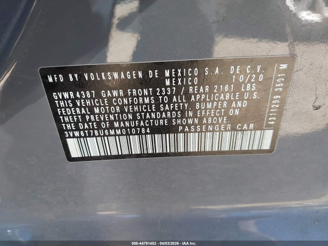 Aukcja sprzedaży 2021 Volkswagen Jetta Gli 2.0t Autobahn/2.0t S, vin: 3VW6T7BU6MM010784, numer aukcji: 44791452