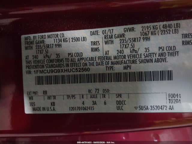 1FMCU9G9XHUC52560 Ford ESCAPE SE