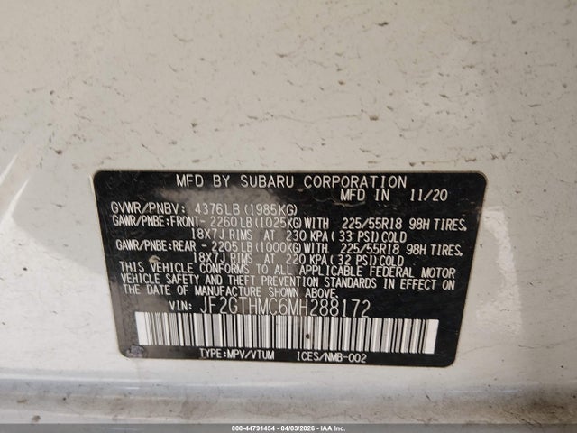 Продажа на аукционе авто 2021 Subaru Crosstrek Limited, vin: JF2GTHMC6MH288172, номер лота: 44791454
