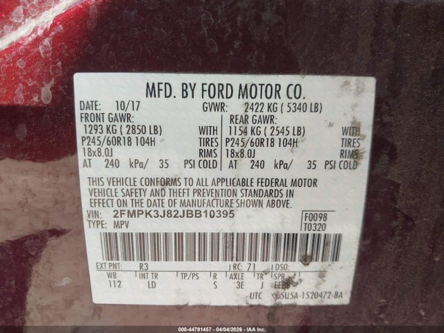 Aukcja sprzedaży 2018 Ford Edge Sel, vin: 2FMPK3J82JBB10395, numer aukcji: 44791457