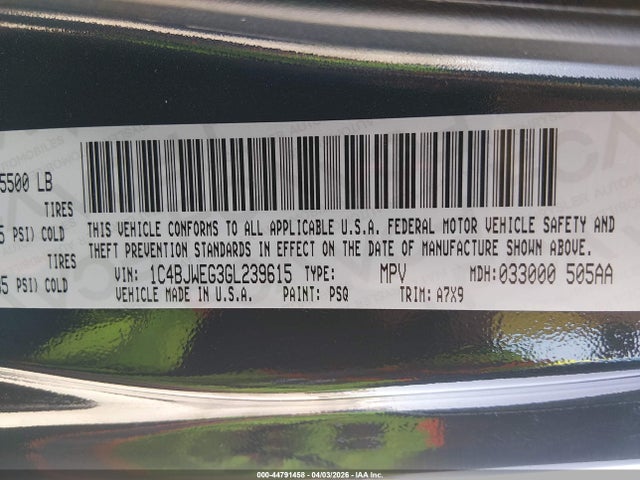 44791458 :رقم المزاد ، 1C4BJWEG3GL239615 vin ، 2016 Jeep Wrangler Unlimited Sahara مزاد بيع
