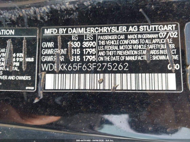 2003 Mercedes-benz Slk 320 მანქანა იყიდება აუქციონზე, vin: WDBKK65F63F275262, აუქციონის ნომერი: 44791460