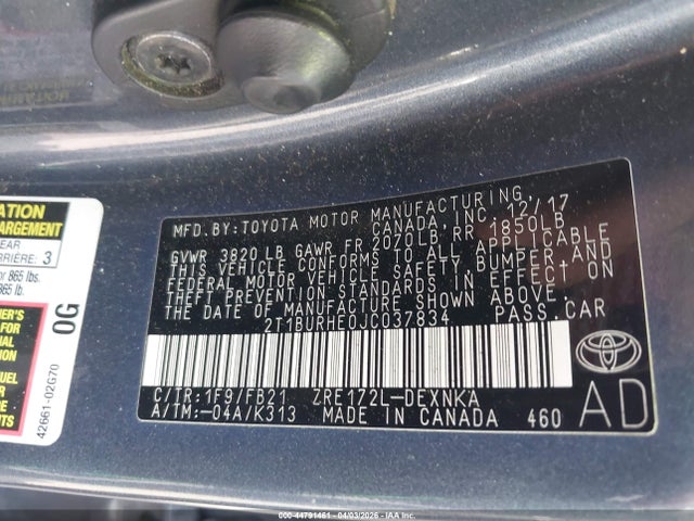 2T1BURHE0JC037834 Toyota COROLLA LE