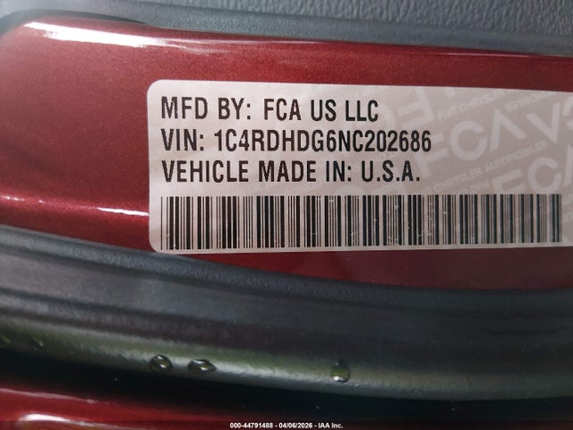 44791488 :رقم المزاد ، 1C4RDHDG6NC202686 vin ، 2022 Dodge Durango Gt Plus Rwd مزاد بيع
