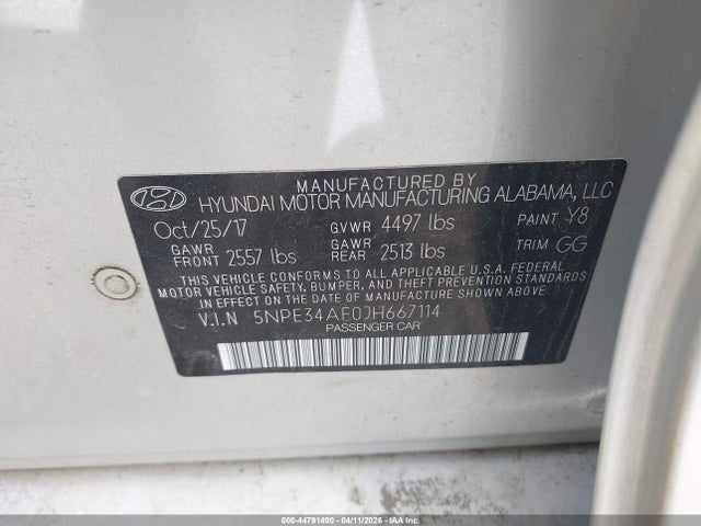 Aukcja sprzedaży 2018 Hyundai Sonata Sel, vin: 5NPE34AF0JH667114, numer aukcji: 44791490