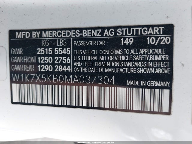 2021 Mercedes-benz Amg Gt 43 4-door Coupe მანქანა იყიდება აუქციონზე, vin: W1K7X5KB0MA037304, აუქციონის ნომერი: 44791491