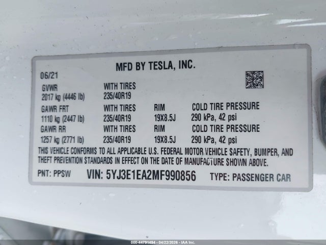 Продаж на аукціоні авто 2021 Tesla Model 3 Standard Range Plus Rear-wheel Drive, vin: 5YJ3E1EA2MF990856, номер лоту: 44791494